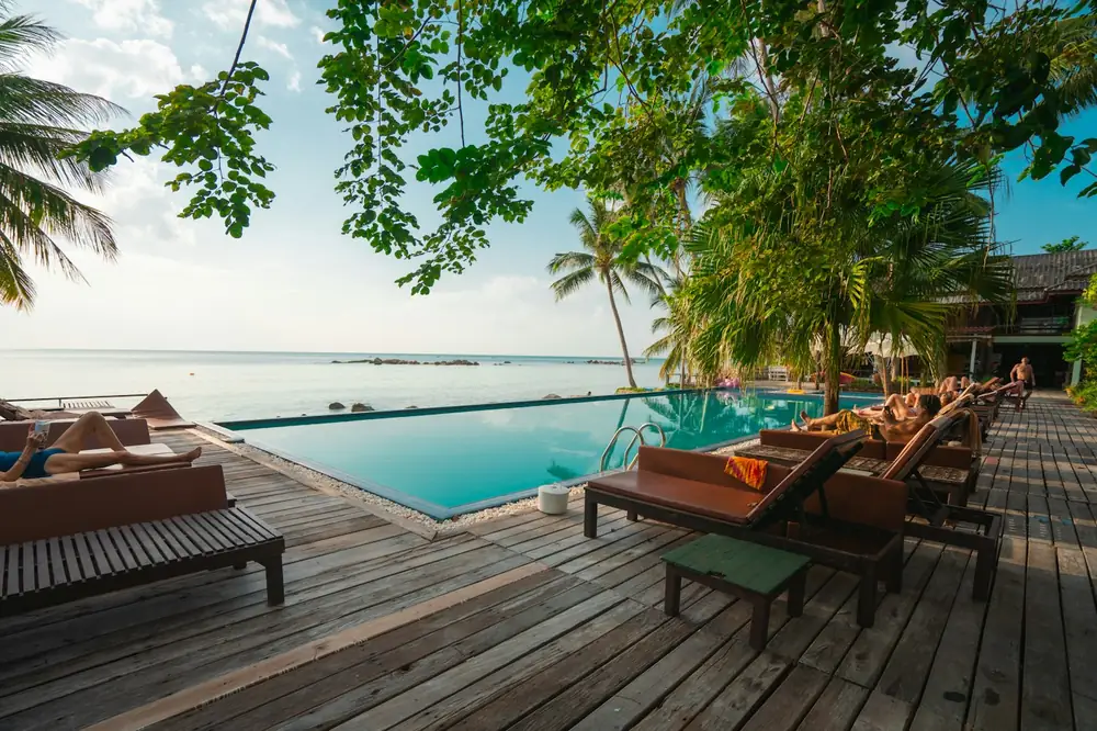 Hotel pool deck beside the ocean